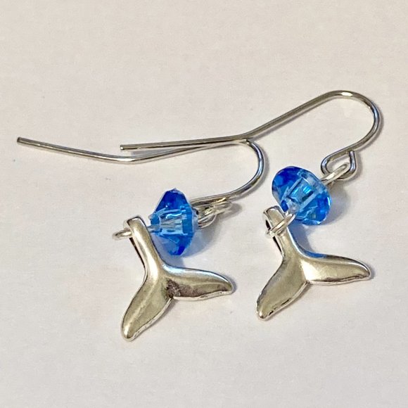 Silver Mermaid Whale Tail Earrings Blue Bead Plated Dangle Dainty Nautical - Picture 6 of 12